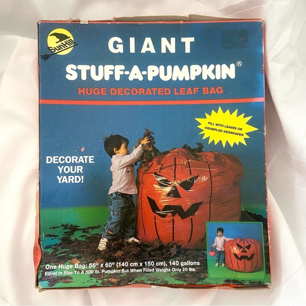 Vintage giant pumpkin leaf bag stuffed 80s nostalgic Halloween decor holiday